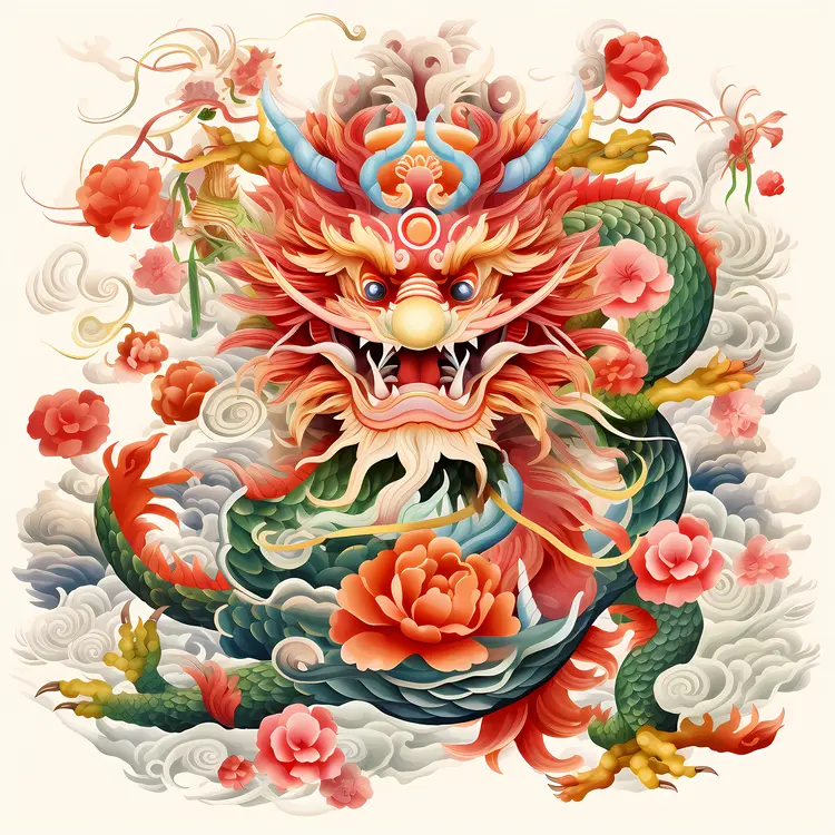 Fiery Dragon with Floral Elements