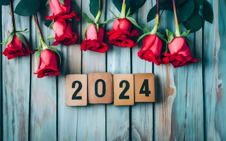 2024 with Red Roses and Wooden Blocks
