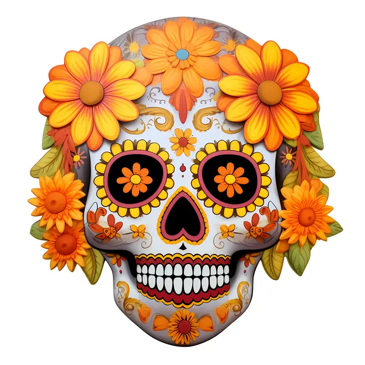 Colorful Sugar Skull with Flowers for Day of the Dead Celebration