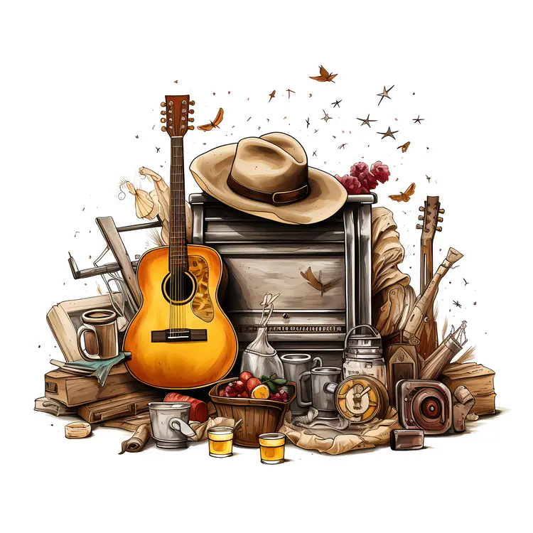 Rustic Guitar with Hat and Books