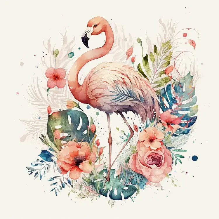 Beautiful Watercolor Flamingo with Tropical Flowers