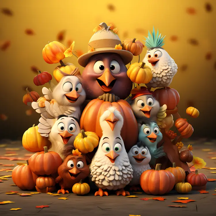Cute Turkeys with Pumpkins in Autumn