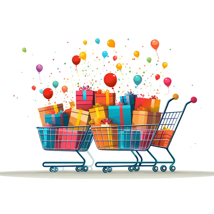 Multiple Shopping Carts with Gifts and Balloons