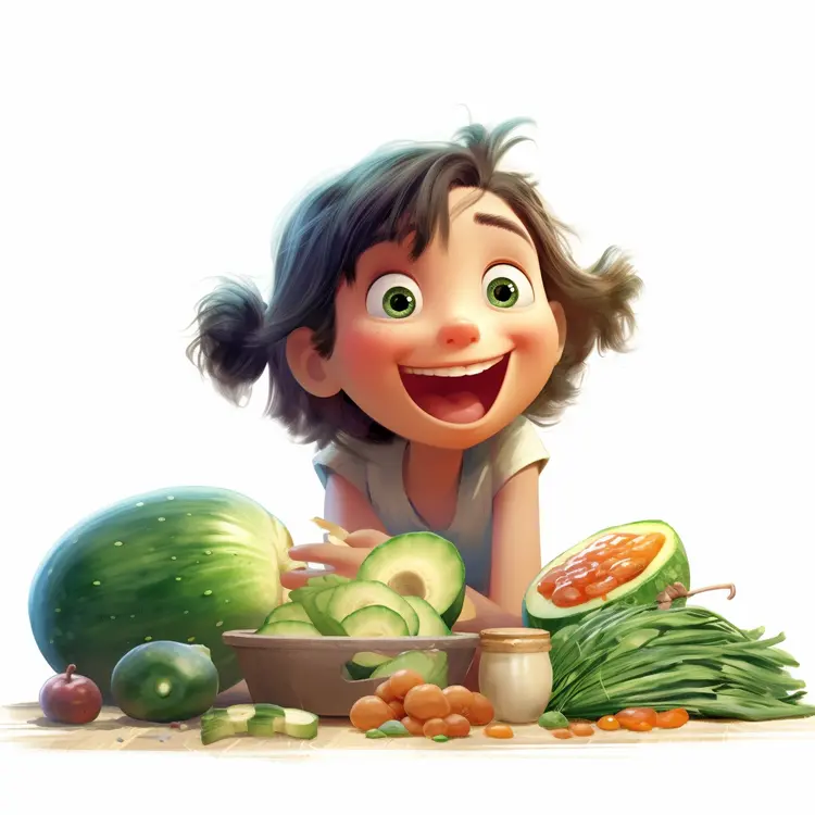 Happy Cartoon Girl with Fresh Vegetables