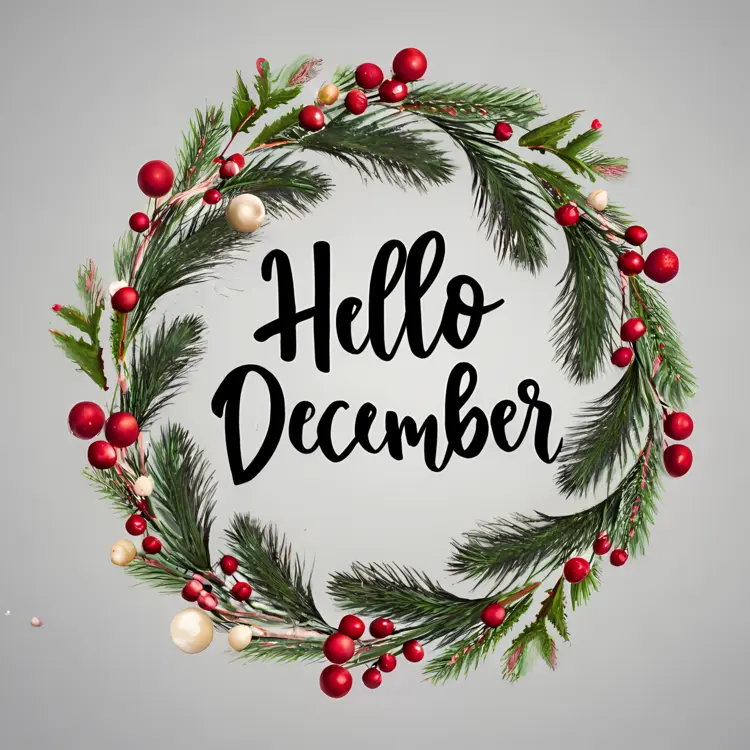 Hello December Wreath with Pine Branches and Red Berries