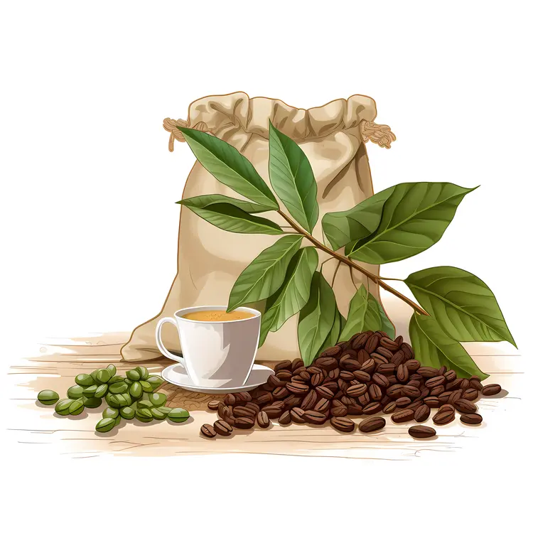 Coffee Beans and Cup with Coffee Plant