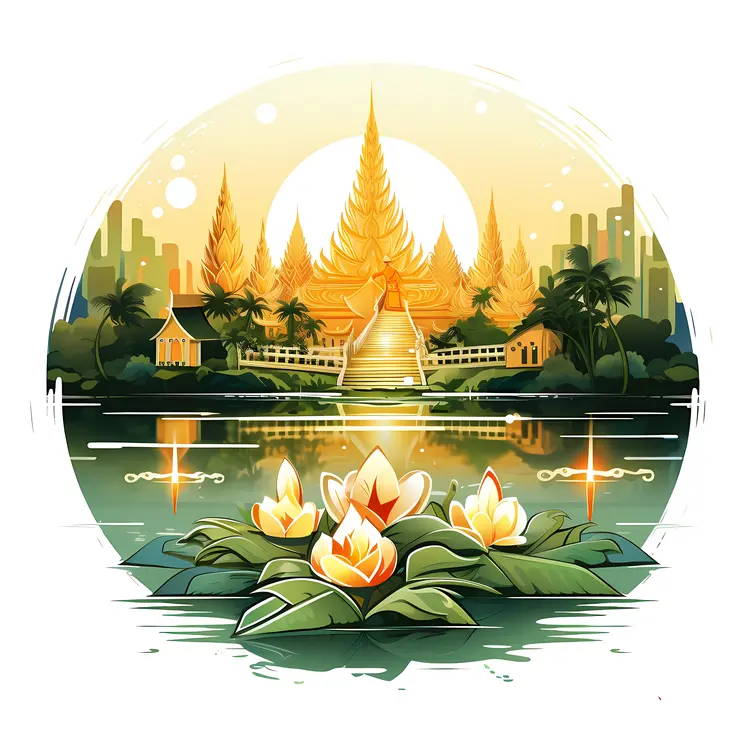 Golden Temple with Lotus and Water