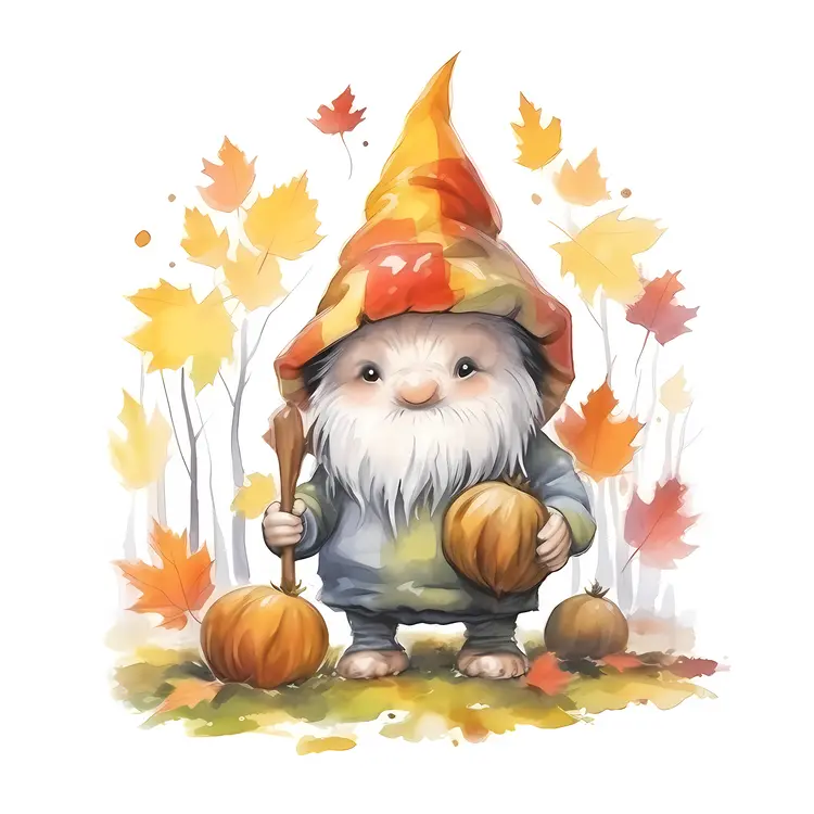 Cute Gnome with Pumpkins in Autumn