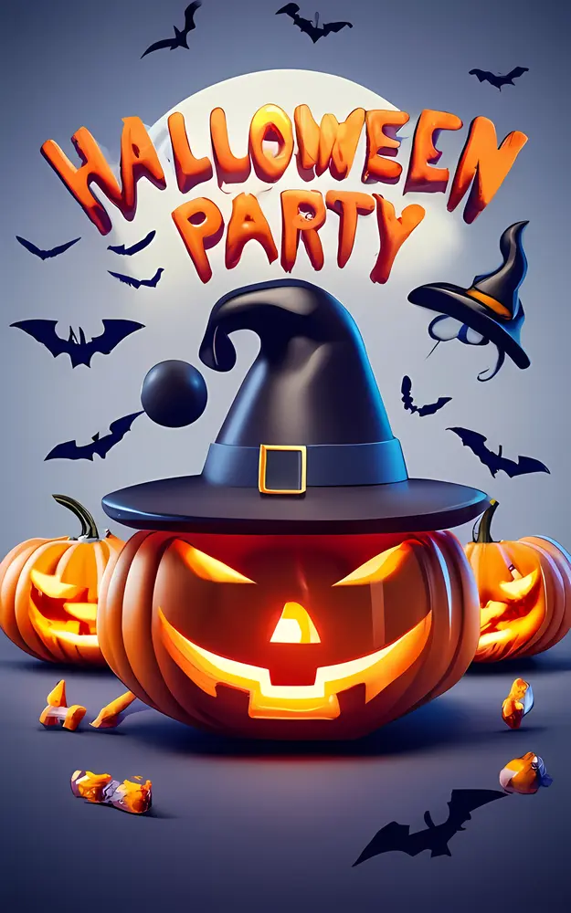 Halloween Party with Pumpkins and Witch Hat