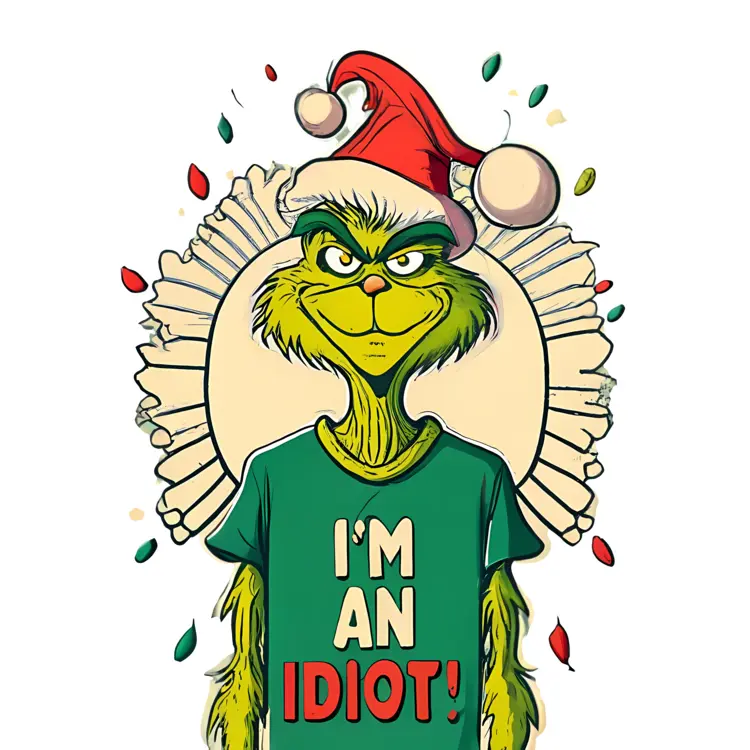 Grinch in Santa Hat with 'I'M AN IDIOT!' Shirt