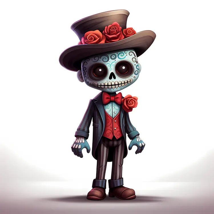 Skeleton Gentleman with Top Hat and Red Bow Tie