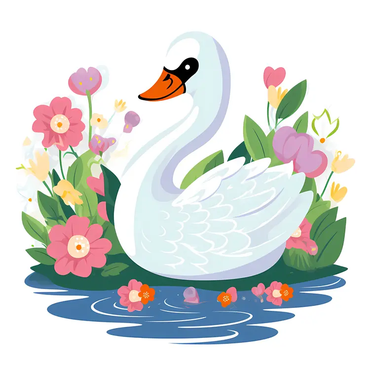 Graceful White Swan in a Floral Pond