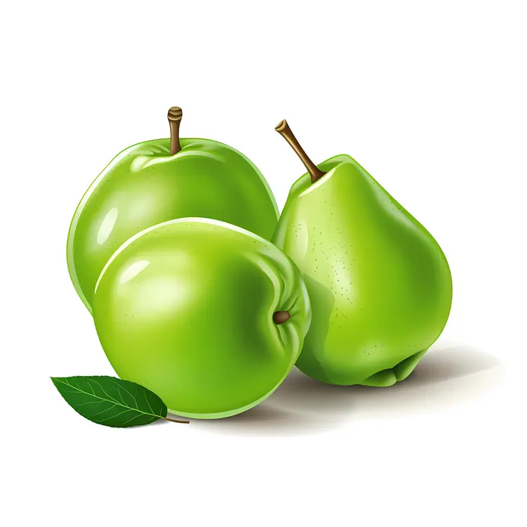 Cluster of Green Pears with Leaf