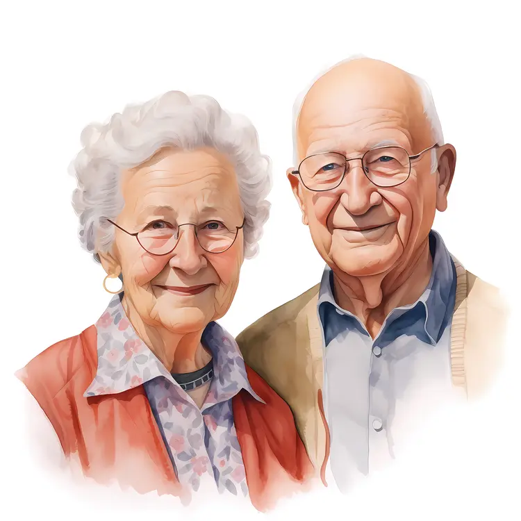 Smiling Elderly Couple in Watercolor Style