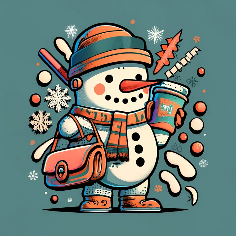Snowman with Coffee and Gifts
