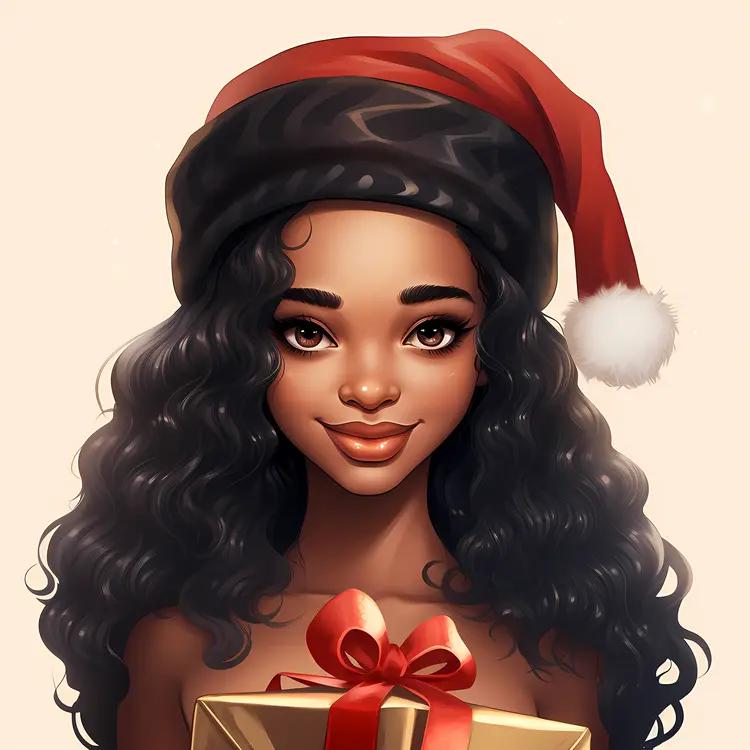Smiling Girl with Santa Hat and Gift