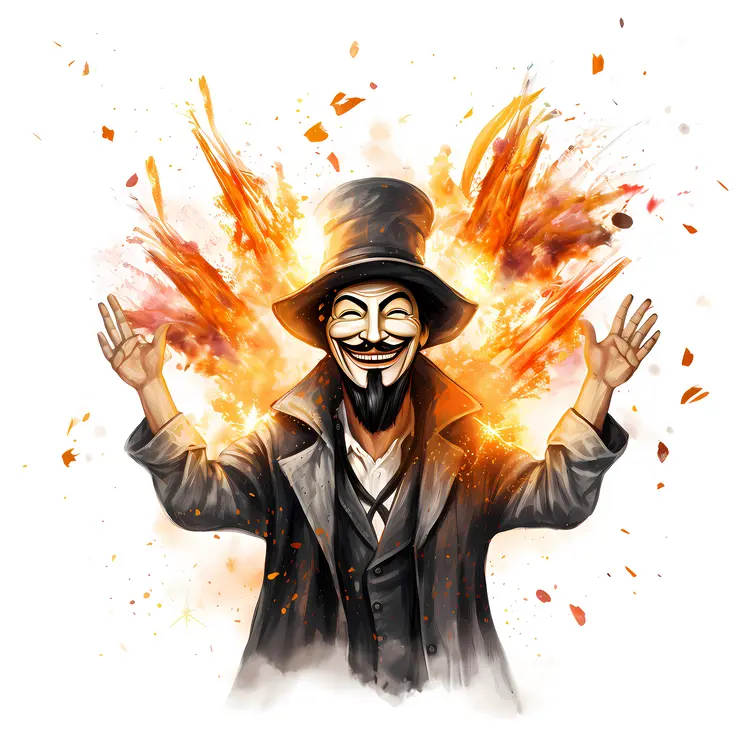 Guy Fawkes Mask with Top Hat and Fireworks