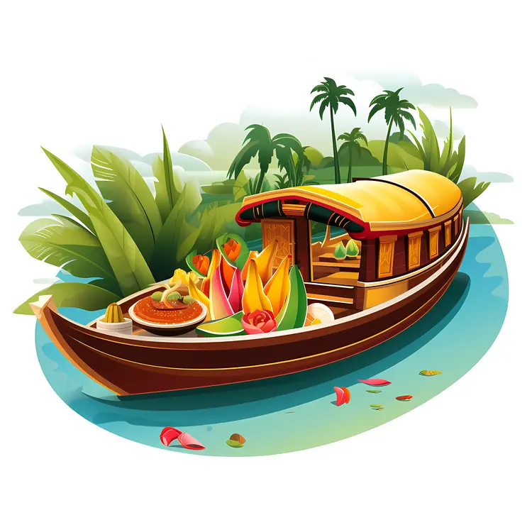 Tropical Boat with Fruits and Flowers