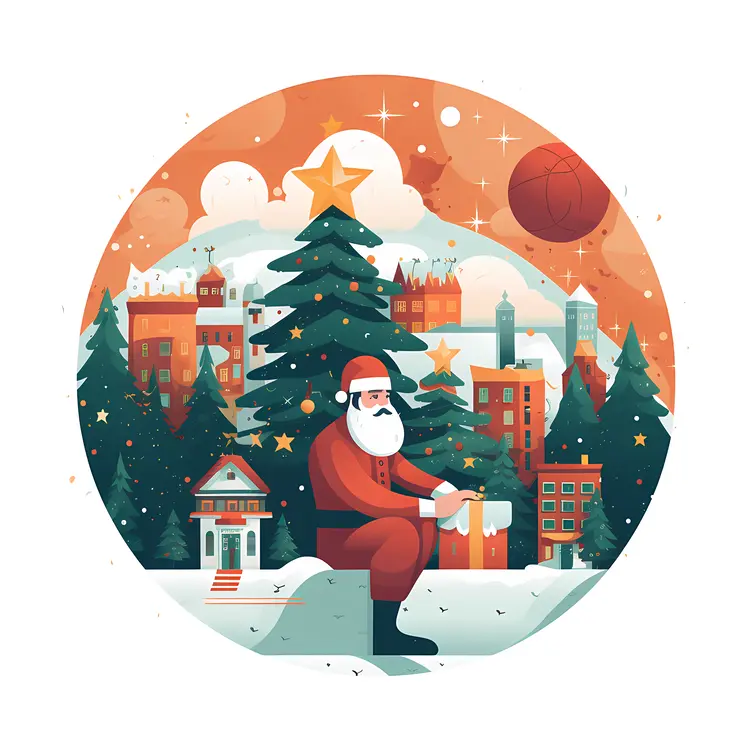 Santa Claus with Gifts in Christmas Village