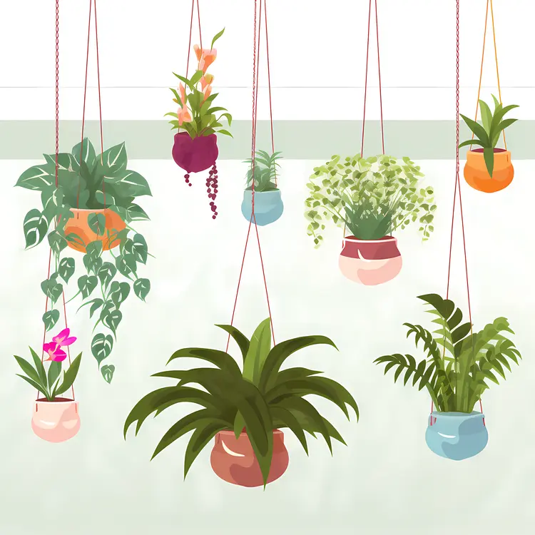 Assorted Hanging Plants in Colorful Pots
