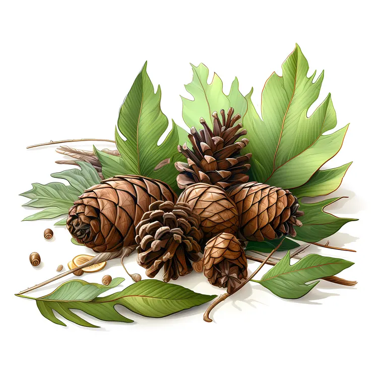 Pine Cones with Green Leaves