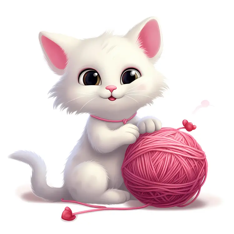 Adorable White Kitten with Pink Yarn Ball