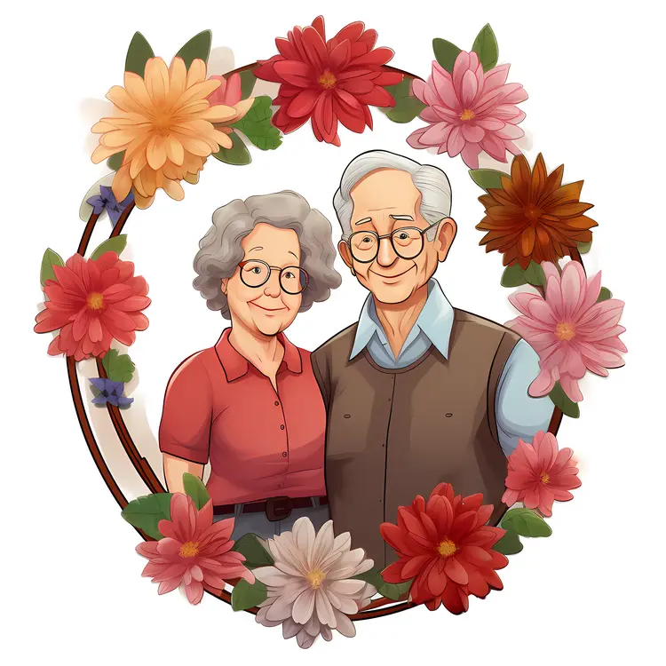 Elderly Couple Surrounded by Flowers for Grandparents Day