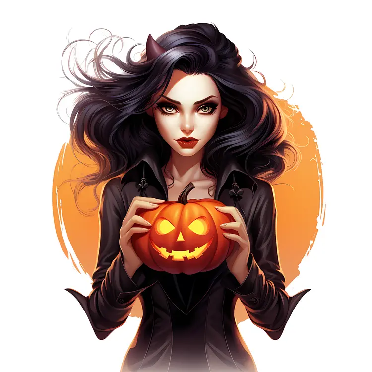 Woman with Black Hair Holding Pumpkin