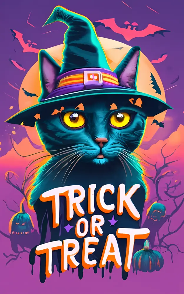 Black Cat in Witch Hat with Trick or Treat Text