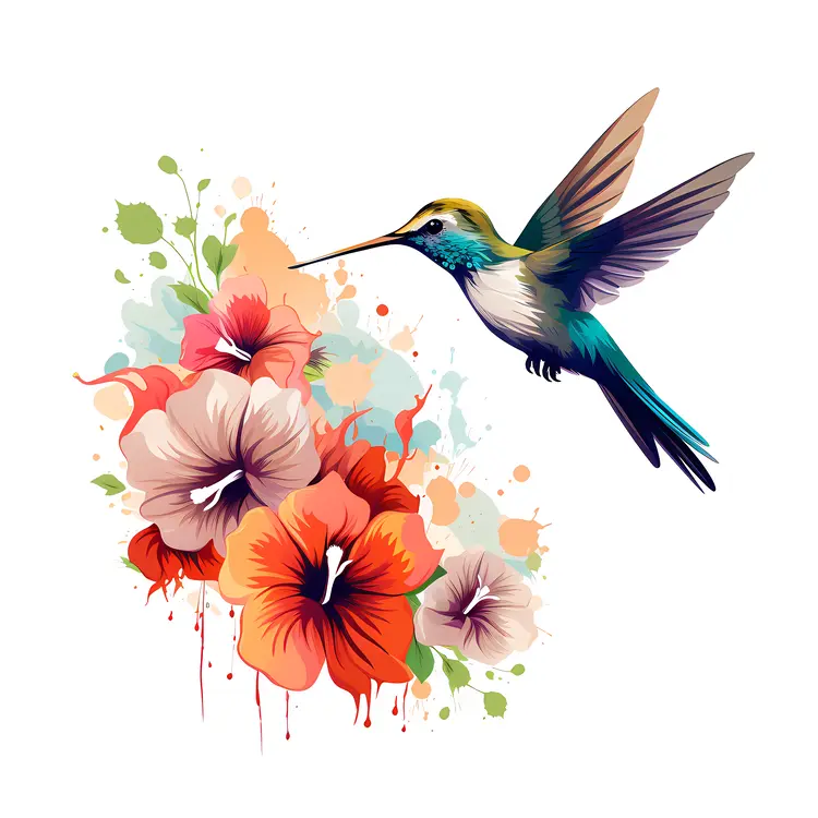 Hummingbird and Mixed Flowers Illustration