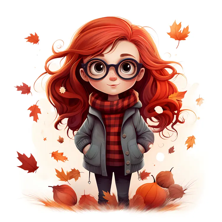 Cute Red-haired Girl with Glasses and Autumn Leaves
