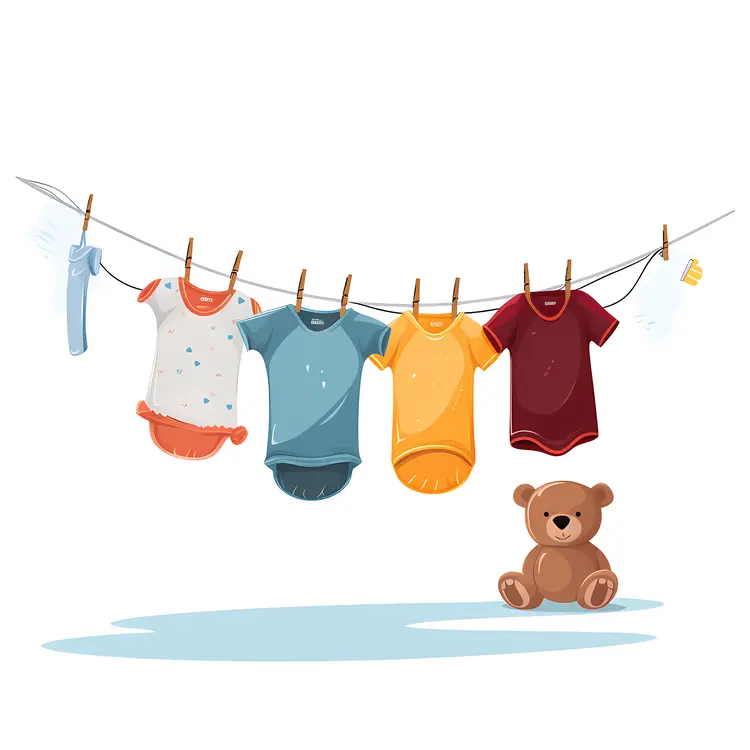 Colorful Baby Clothes Drying on Clothesline with Teddy Bear