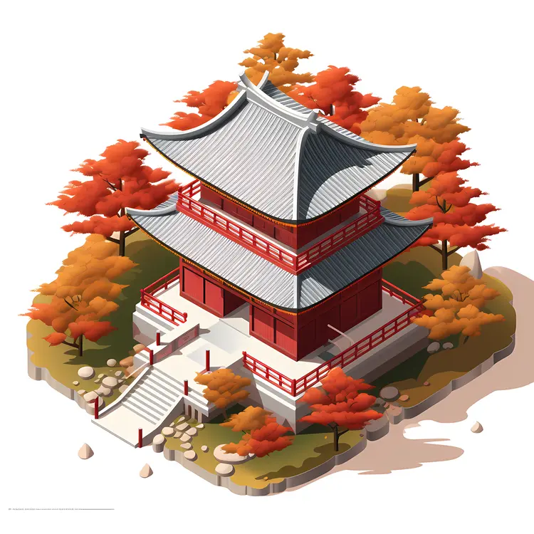 Red Pagoda in Autumn Setting
