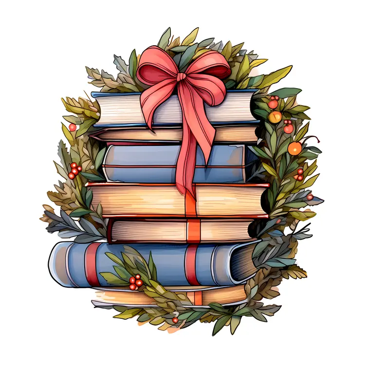 Stack of Books with Festive Ribbon and Wreath
