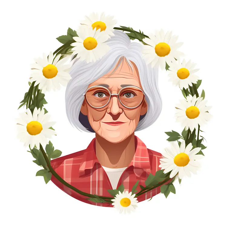 Elderly Woman Surrounded by Daisy Wreath