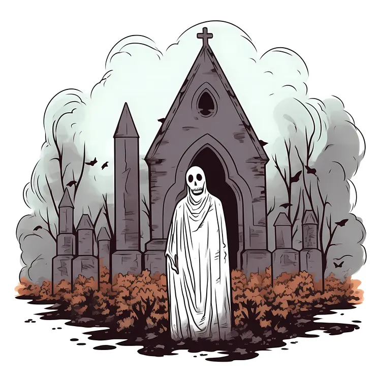 Spooky Ghost in Haunted Cemetery for Halloween