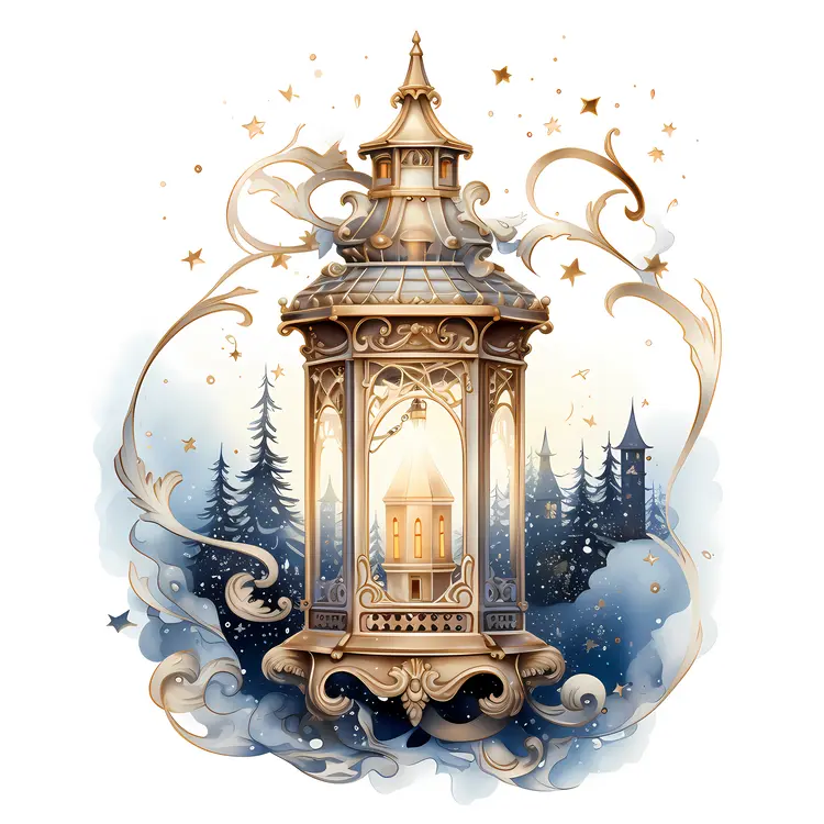 Golden Lantern with Swirls and Stars