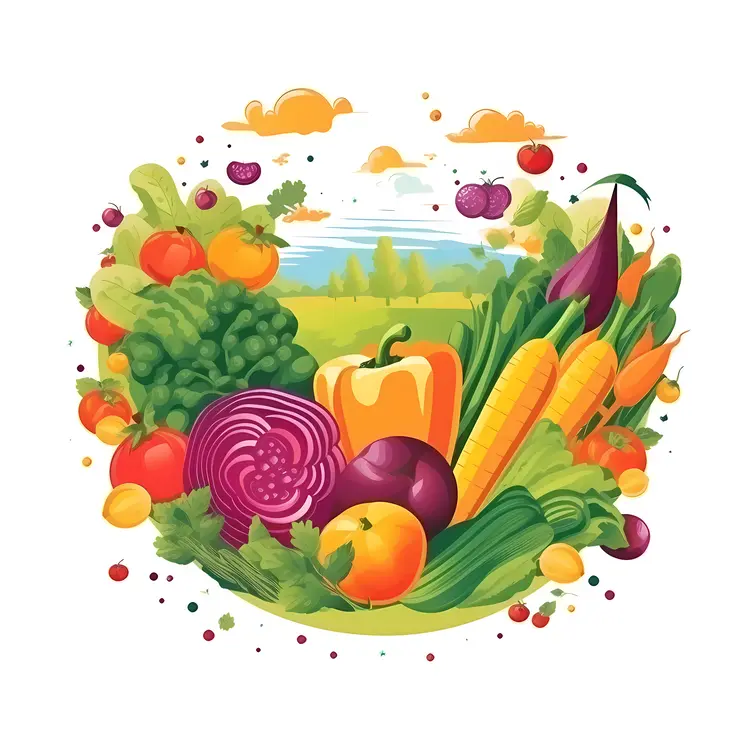 Colorful Vegetables and Fruits in a Green Field