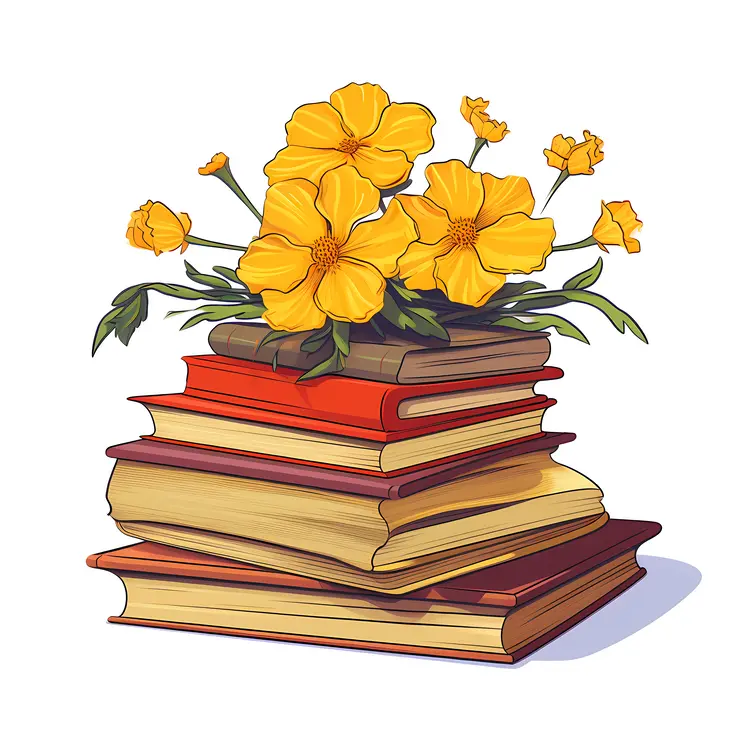 Stack of Books with Yellow Flowers