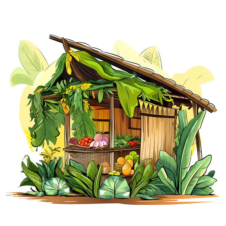 Tropical Hut with Fruits and Greenery