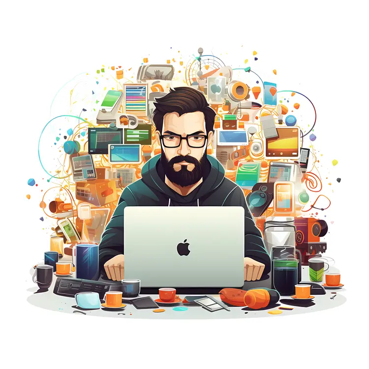 Man with Laptop and Various Gadgets