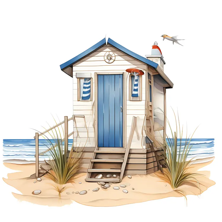 Small cute beach hut with blue door