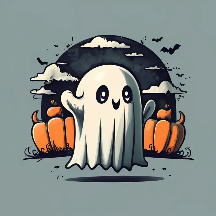 Cute Ghost with Pumpkins and Clouds