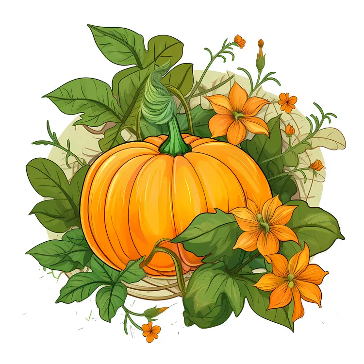 Pumpkin with Flowers and Leaves