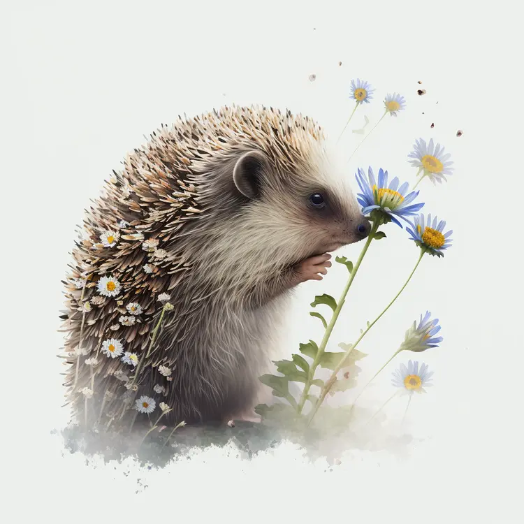 Cute Hedgehog with Flowers in Nature