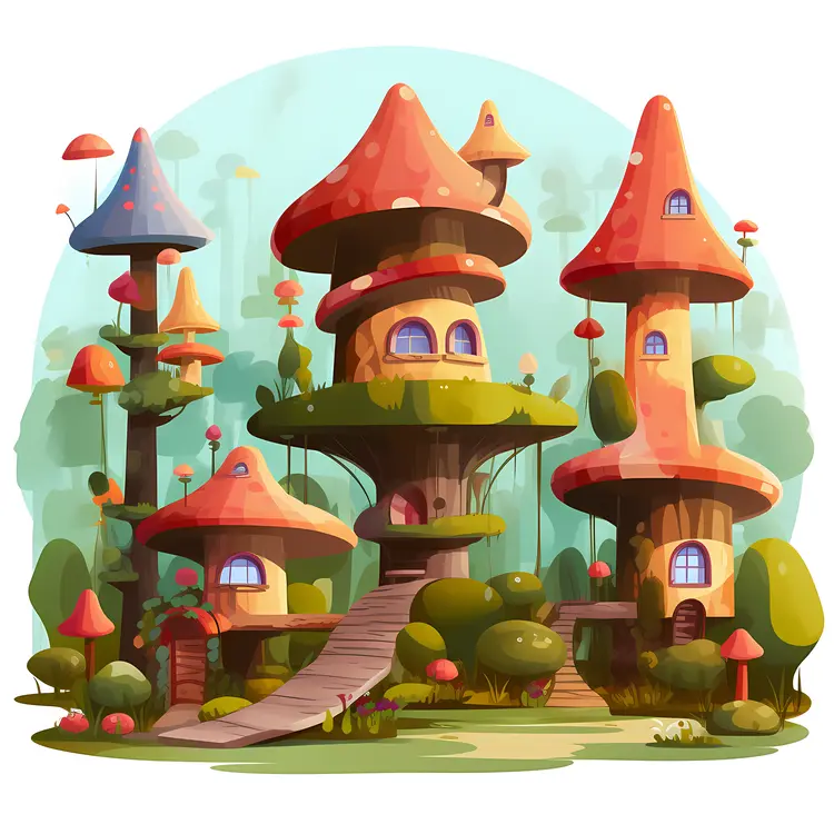 Whimsical Mushroom Houses Illustration