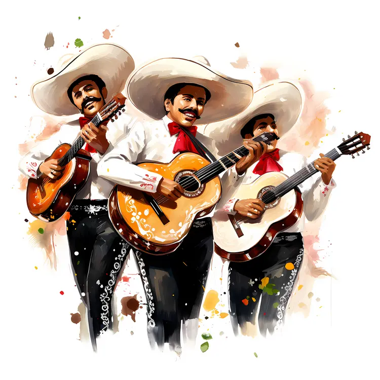 Three Guitarists in White Traditional Mexican Attire