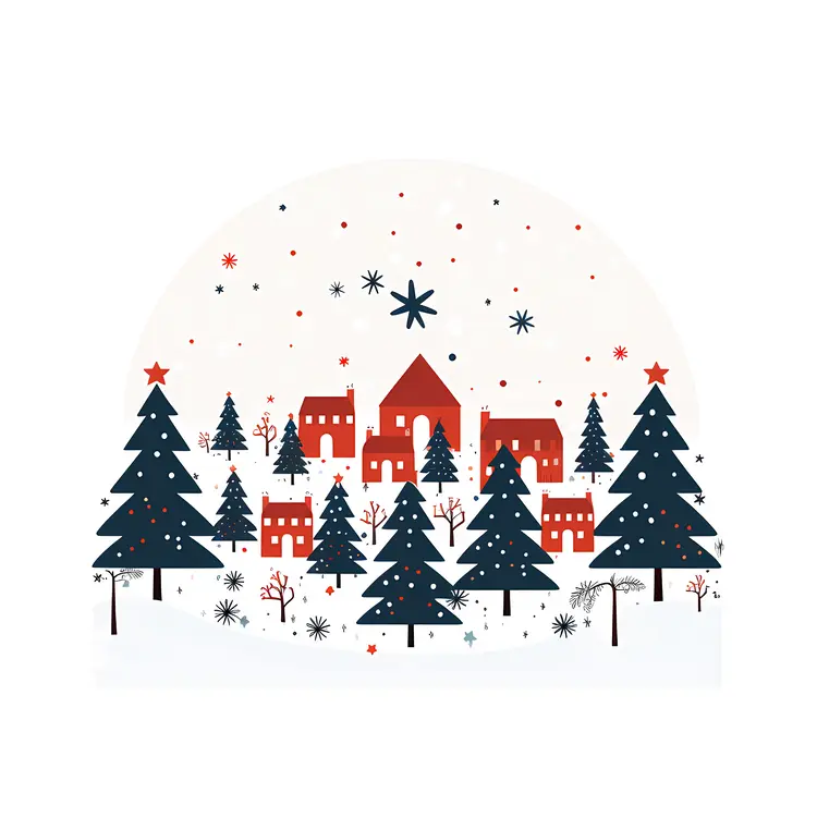 Winter Village with Red Houses and Trees