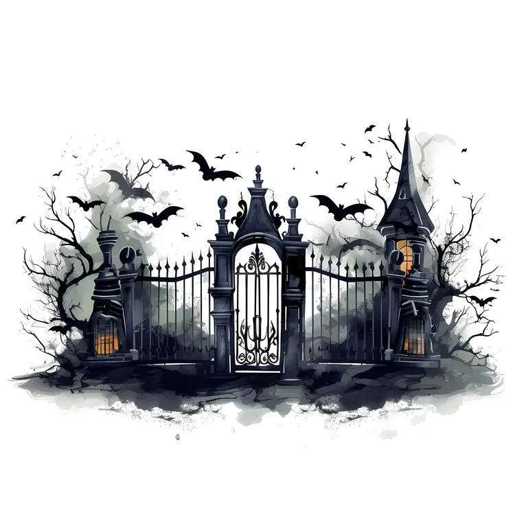 Spooky Haunted Gate with Bats and Fog