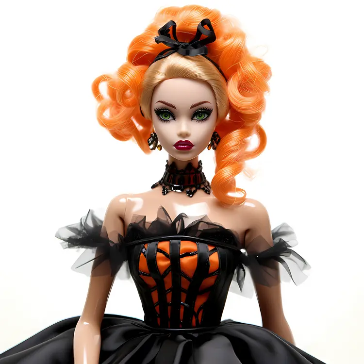 Doll with Orange Curly Hair in Halloween Dress